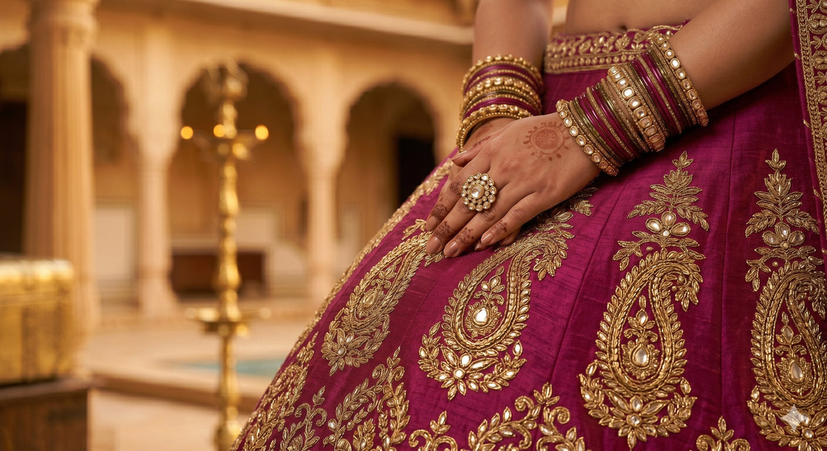 Bride in deep magenta bridal lehenga with zari embroidery - bridal wear
