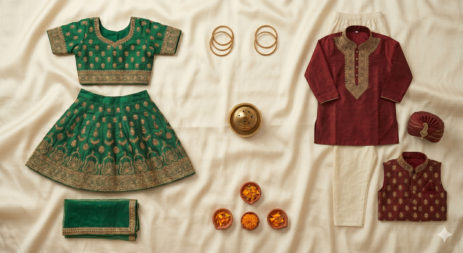 Festive emerald lehenga set flat lay with gold bangles - kids Indian ethnic wear