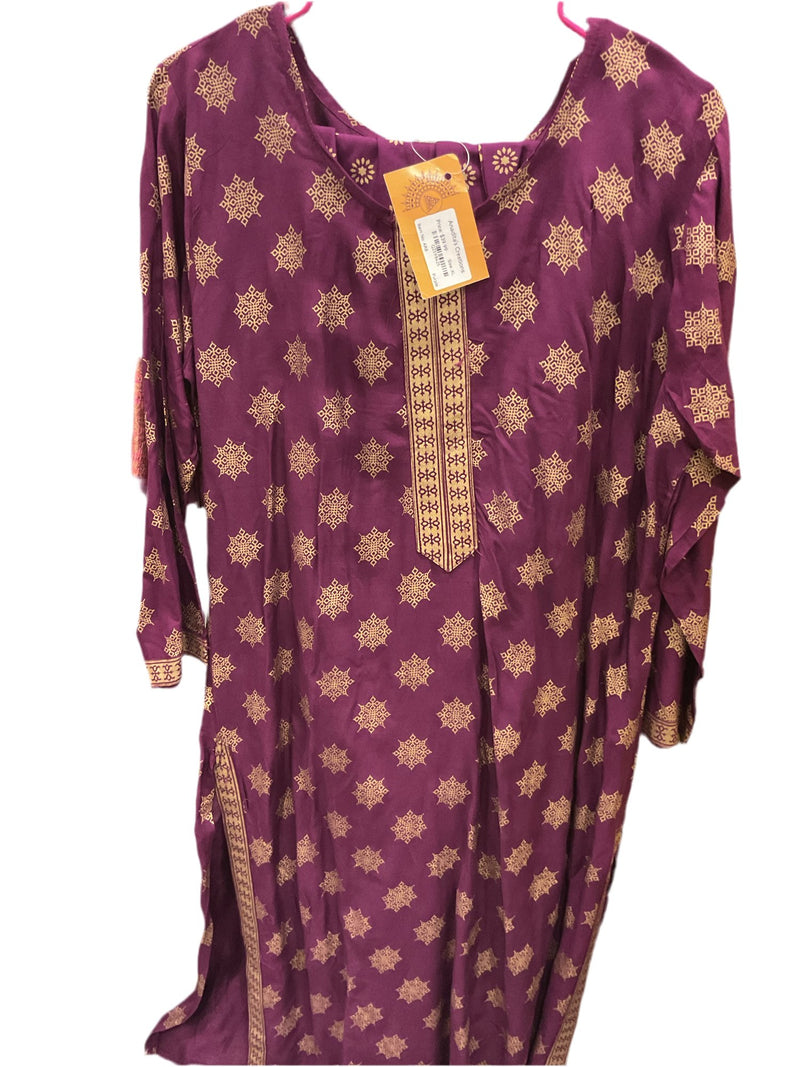 Purple rayon kurta with gold geometric block print and placket
