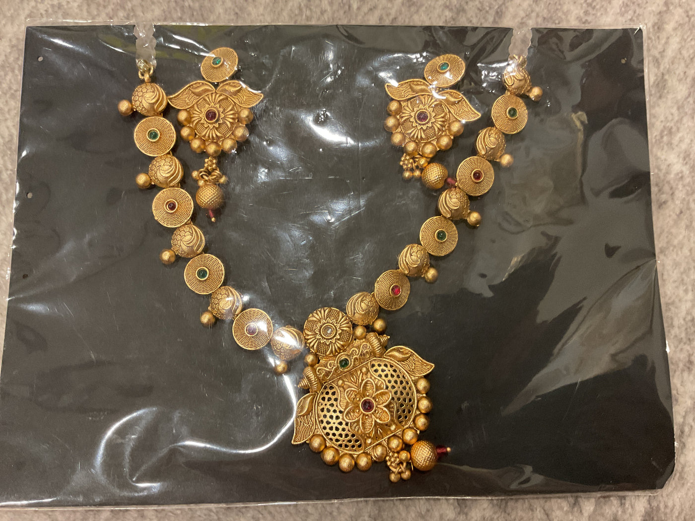 Gold-Plated Long Necklace – Disc & Ball Chain, Jali Pendant with Ma…