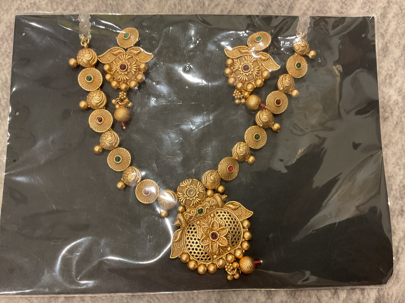 Gold-Plated Long Necklace – Disc & Ball Chain, Jali Pendant with Ma…