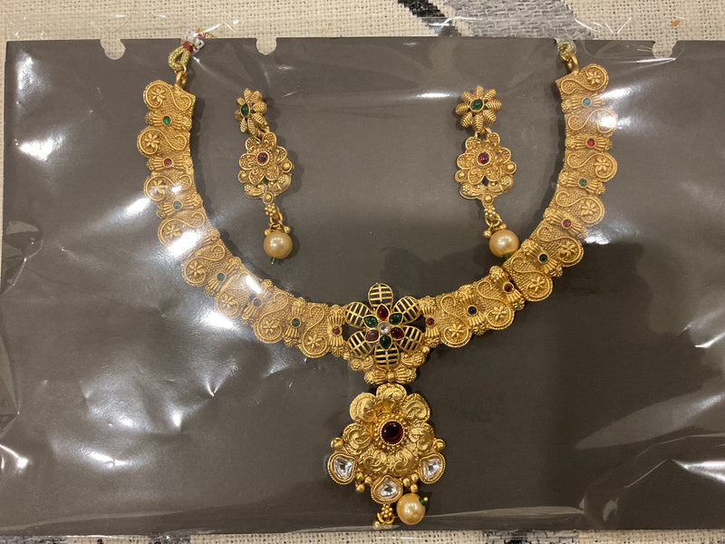 Gold-Plated Floral Paisley Necklace Set – Multi-Stone with Matching…