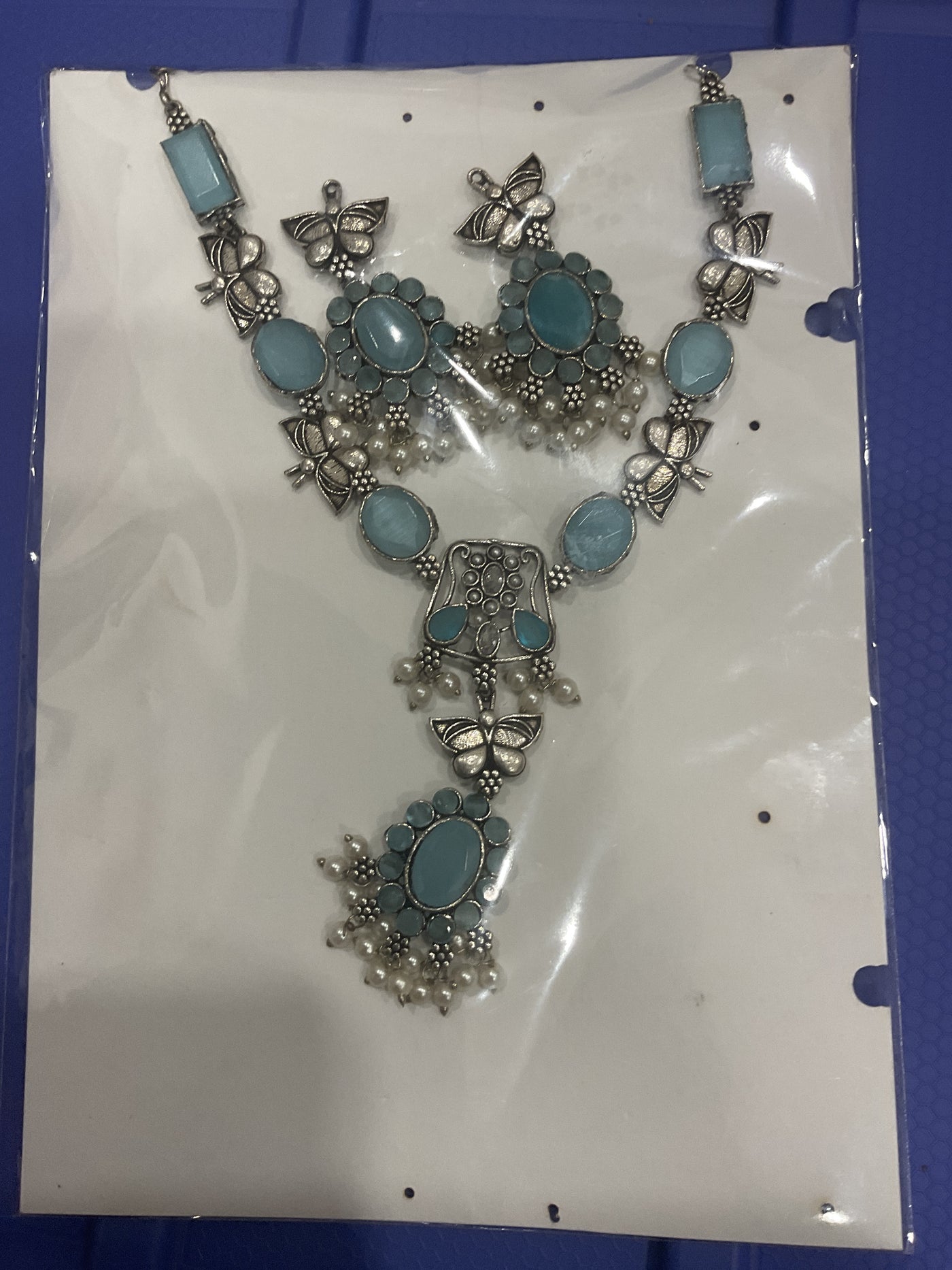 German Silver Long Necklace – Butterfly Links, Aqua Stones & Pearl …