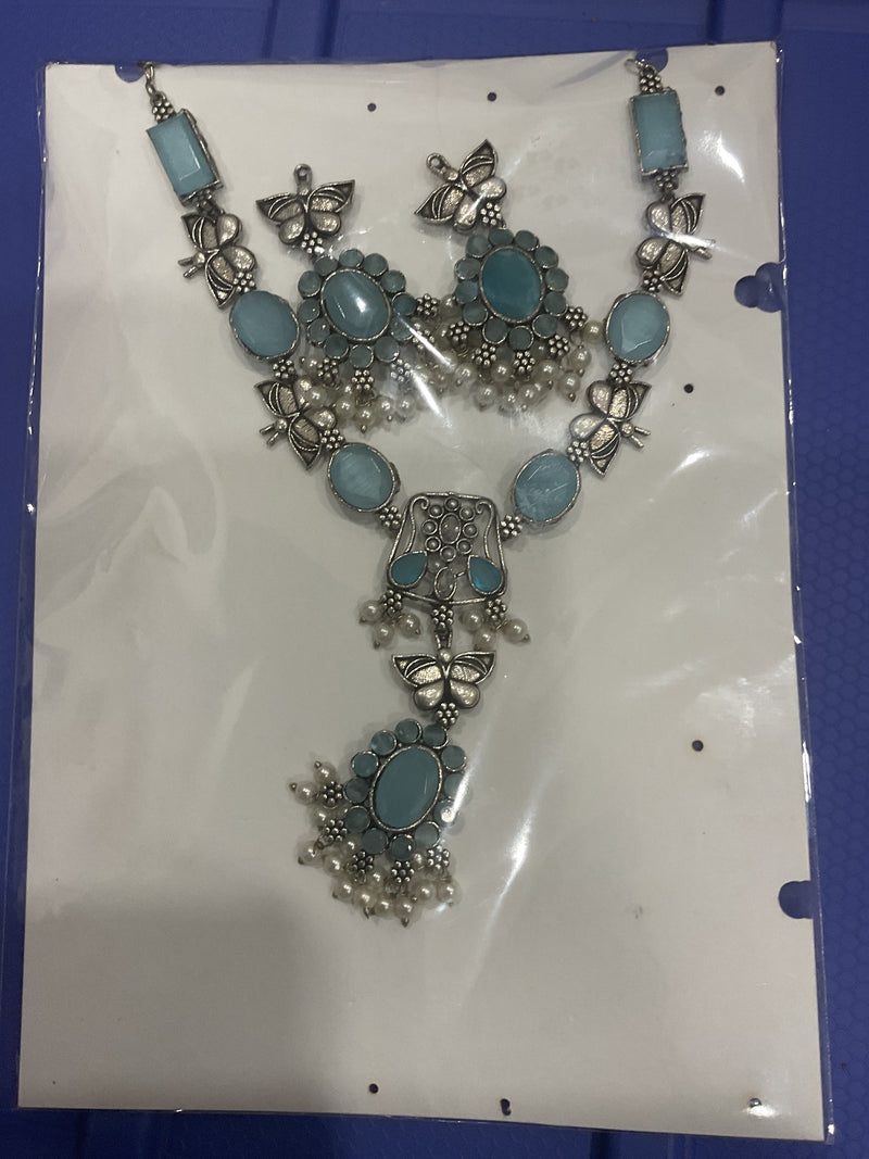 German Silver Long Necklace – Butterfly Links, Aqua Stones & Pearl …