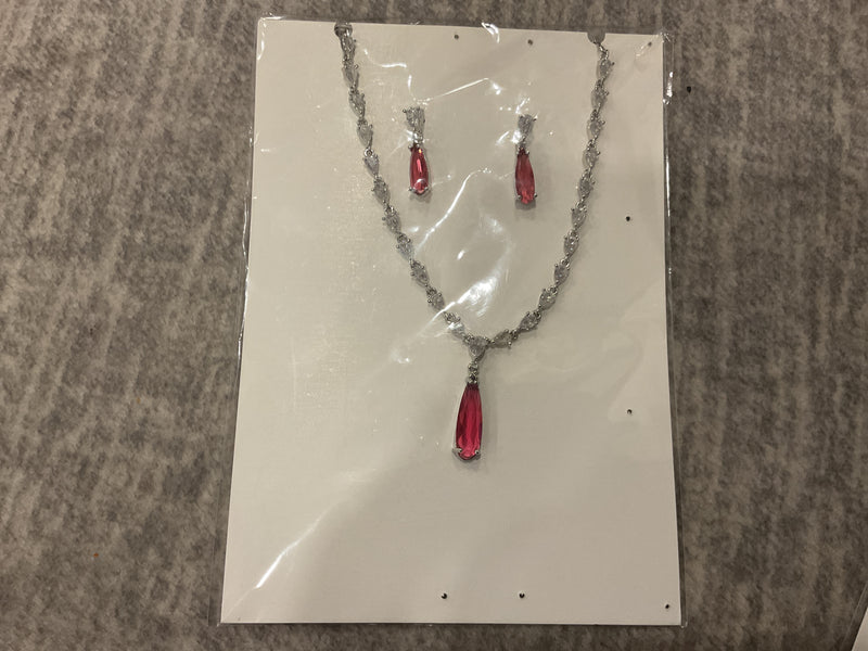 American Diamond Teardrop Pendant Necklace Set – Matching Drop Earrings, Red & Green