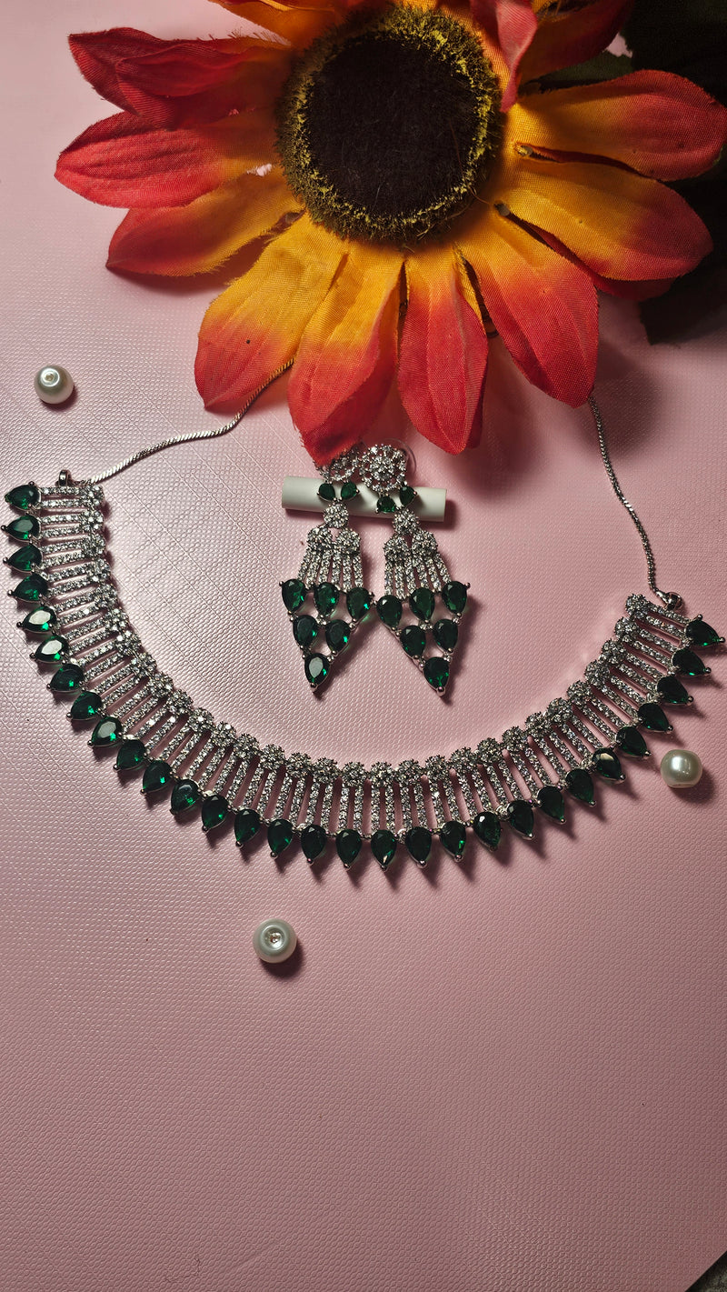 American Diamond Scalloped Collar Choker Necklace Set – Pearl Drop Trim with Matching Earrings