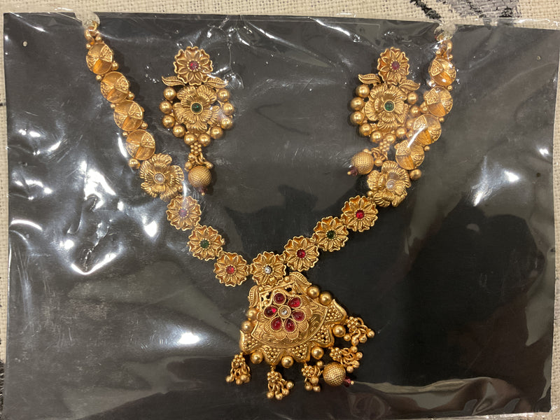 Gold-Plated Long Necklace – Floral Chain & Temple Pendant with Ghun…