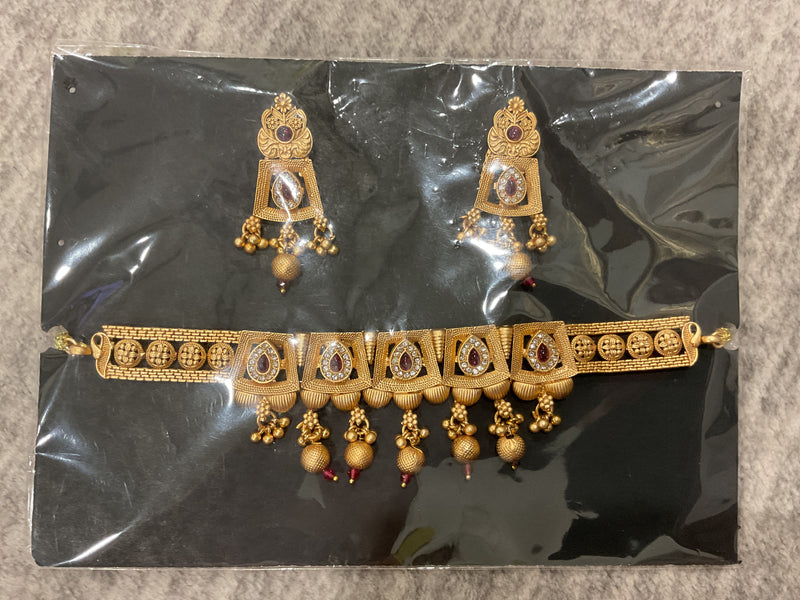 Gold-Plated Choker Set – Ruby & White Stone Teardrop with Matching …