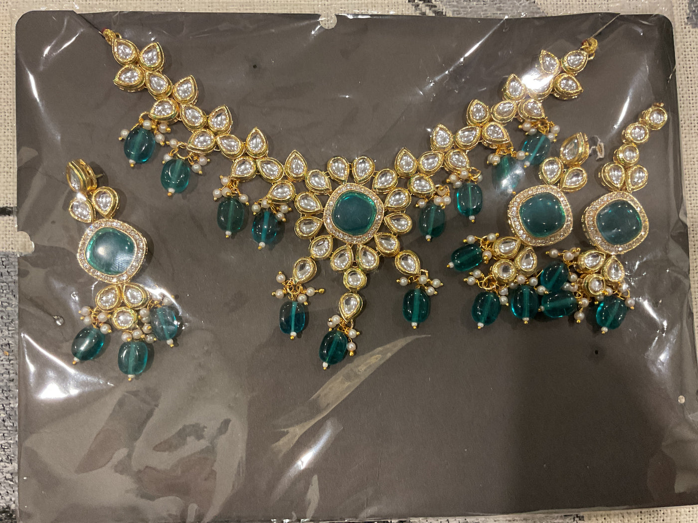 Kundan Choker Set – Floral Centre, Teal Beads & Pearl Drops with Ea…