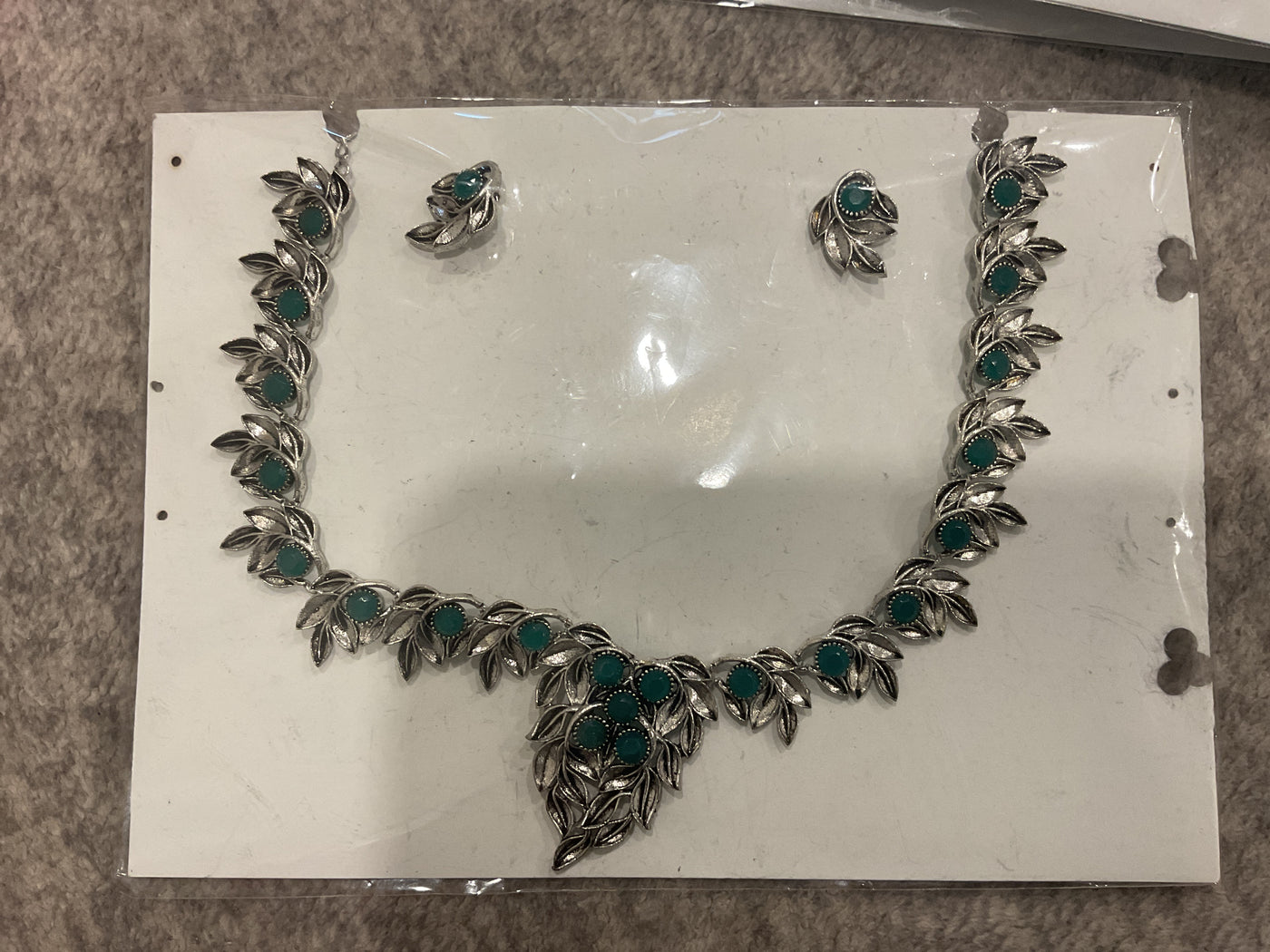 German Silver Leaf Vine Necklace Set – Teal Stones with Matching Ea…