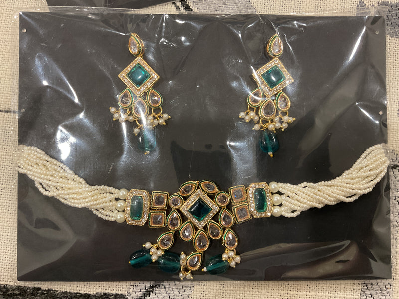 Kundan Choker Set – Pearl Multi-Strand with Emerald Green Drops & E…
