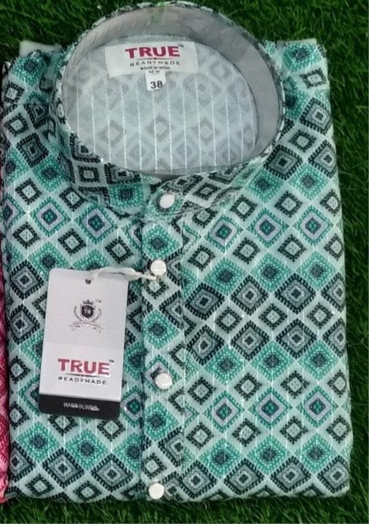Folded mint green kurta with a black and white geometric pattern and a Size 38 label.