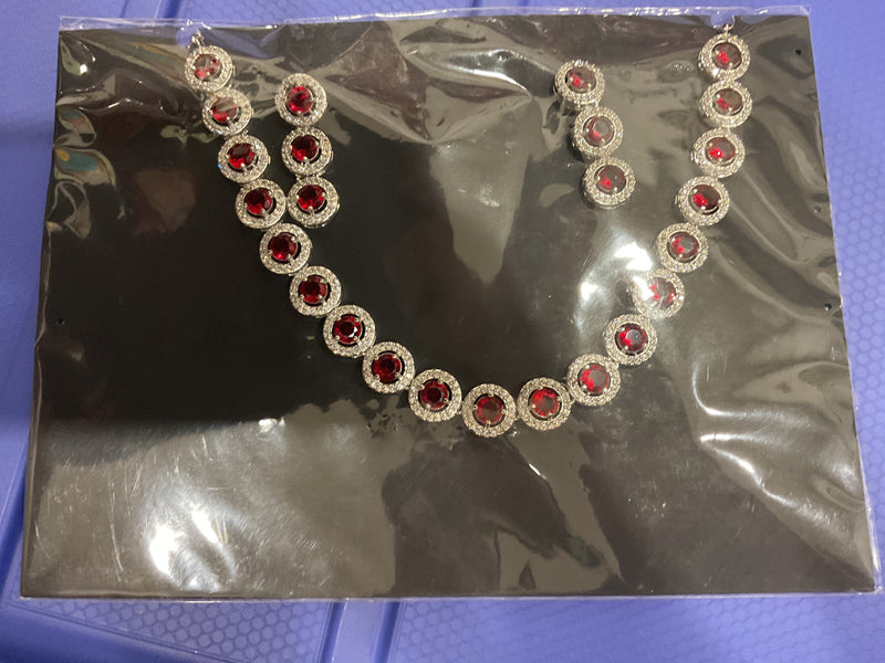 American Diamond Floral Medallion Necklace – Red Stone Centers