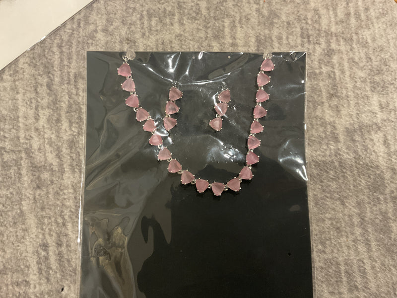 American Diamond Scalloped Bead Necklace Set – Matching Earrings, Pink & Navy