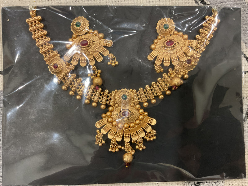 Gold-Plated Antique Necklace Set – Floral Pendant & Ghungroo Drops …