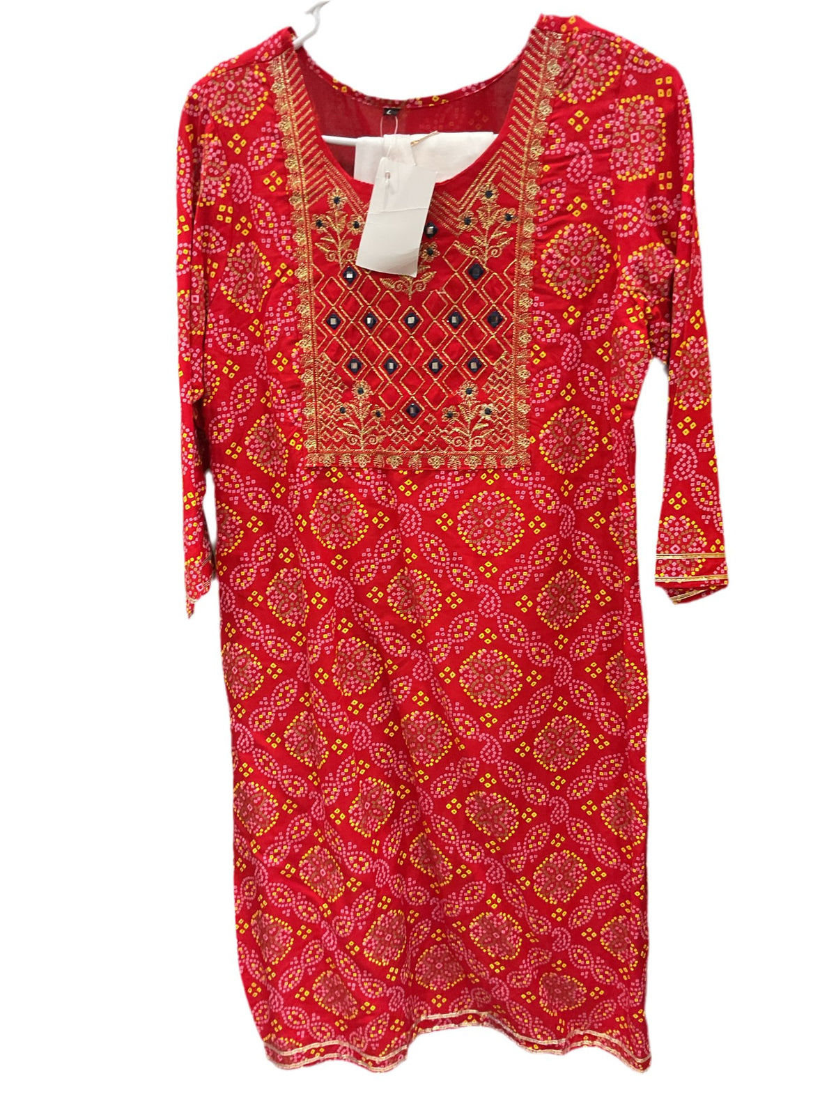 Red Bandhani print kurta with gold embroidered mirror-work yoke