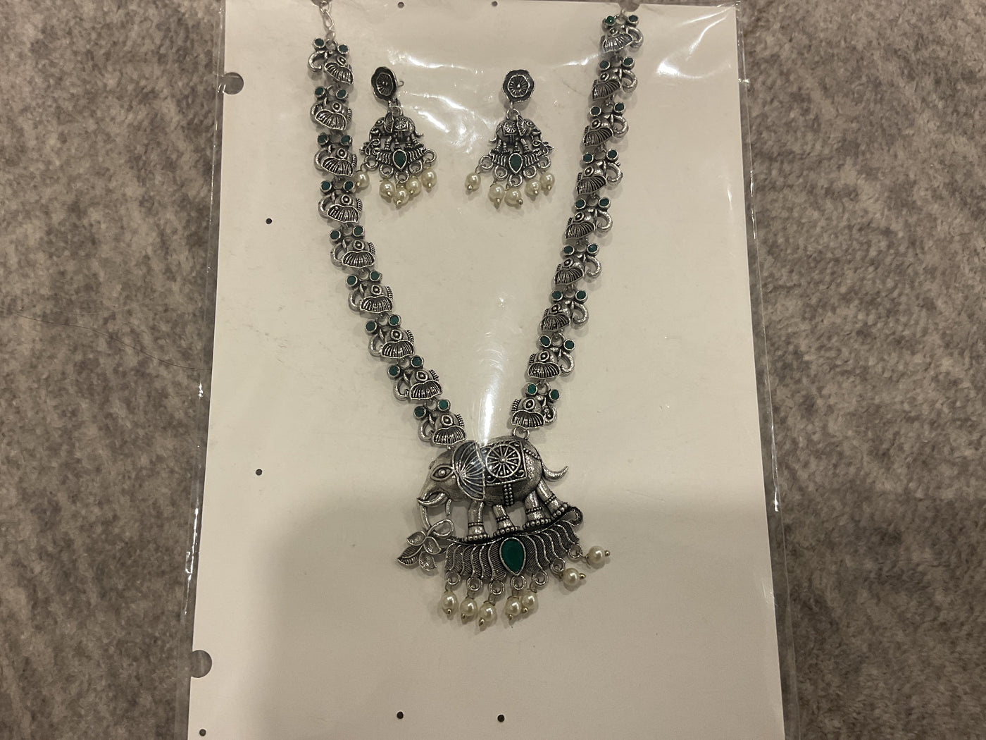 German Silver Elephant Long Necklace – Green Stones & Pearl Drops w…