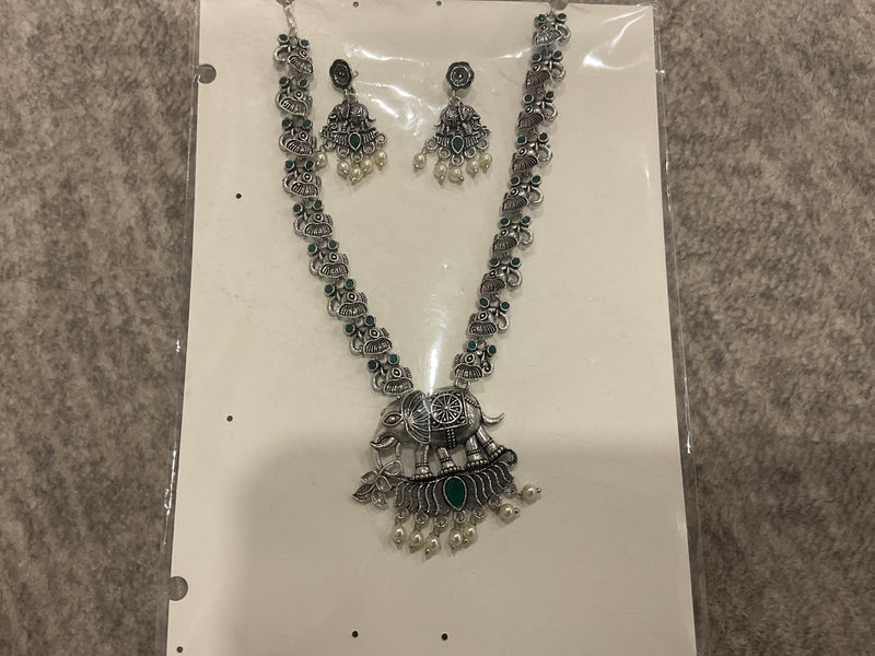 German Silver Elephant Long Necklace – Green Stones & Pearl Drops w…