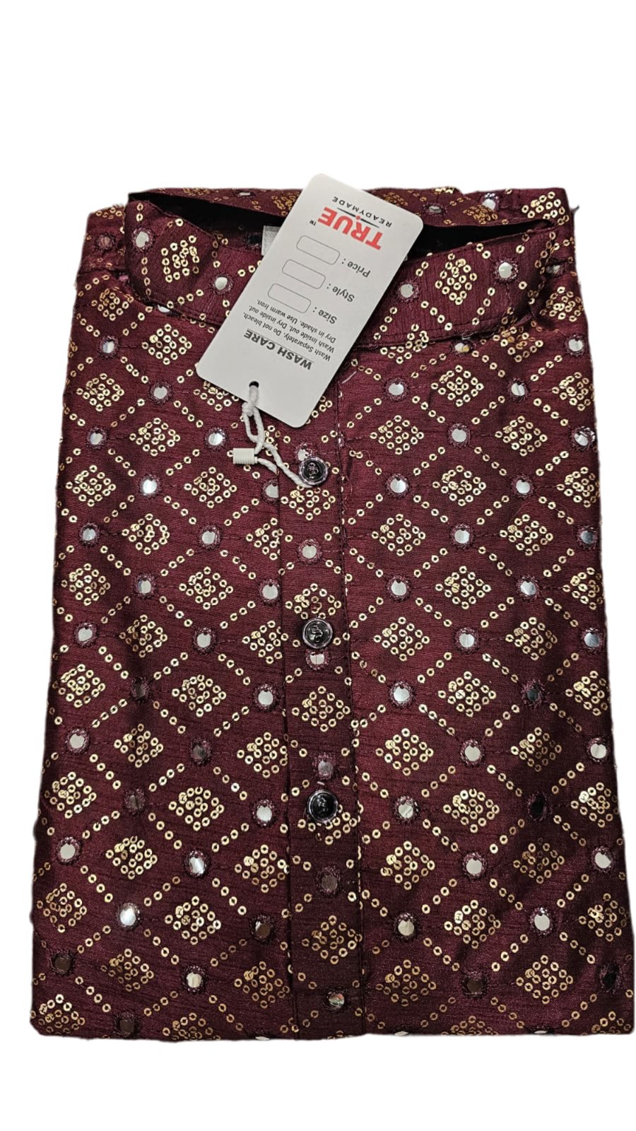 Folded maroon kurta with a gold-tone diamond pattern and circular reflective accents.