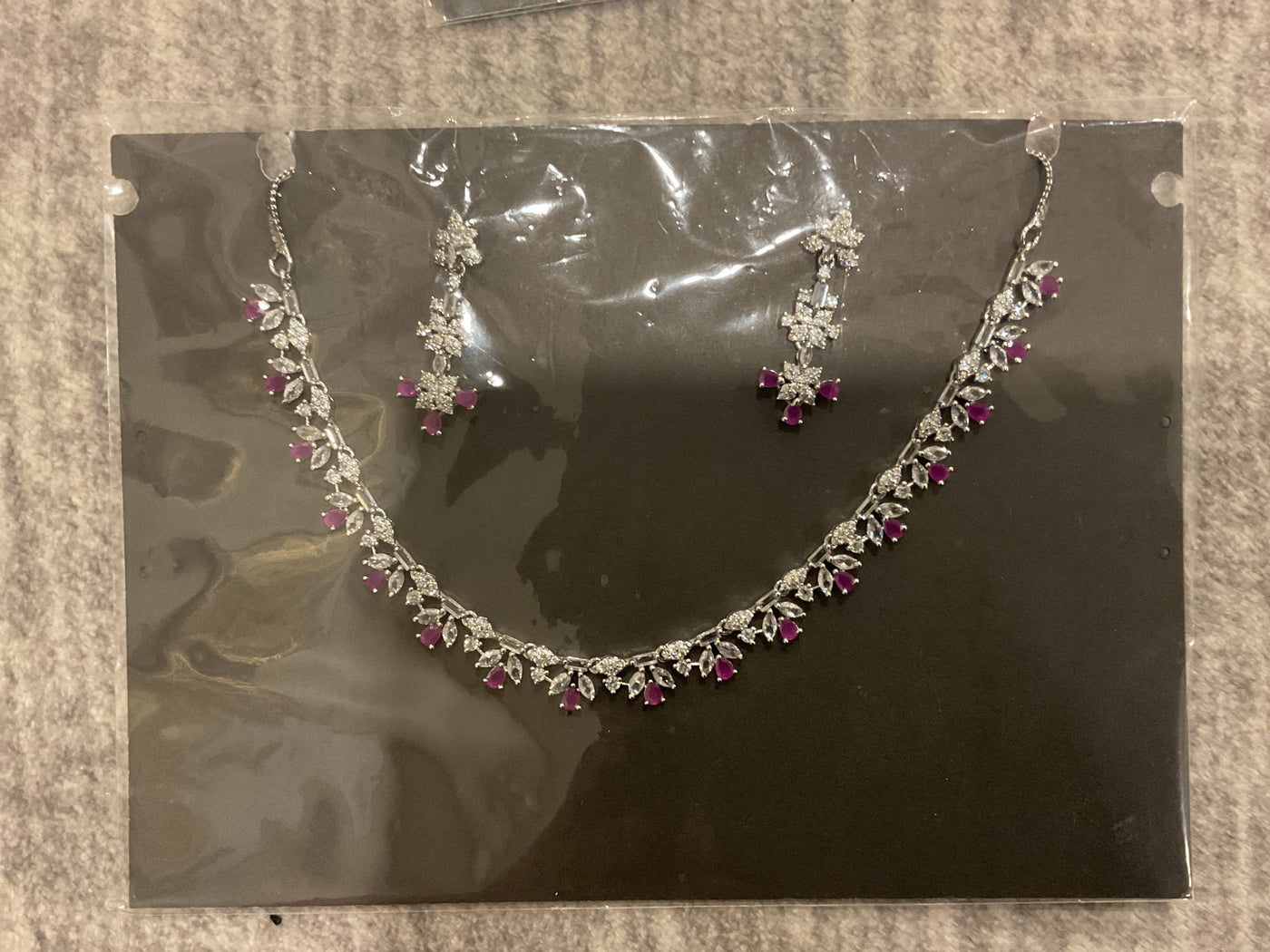 American Diamond Floral Cluster Necklace Set – Lavender Stone Accents with Matching Earrings