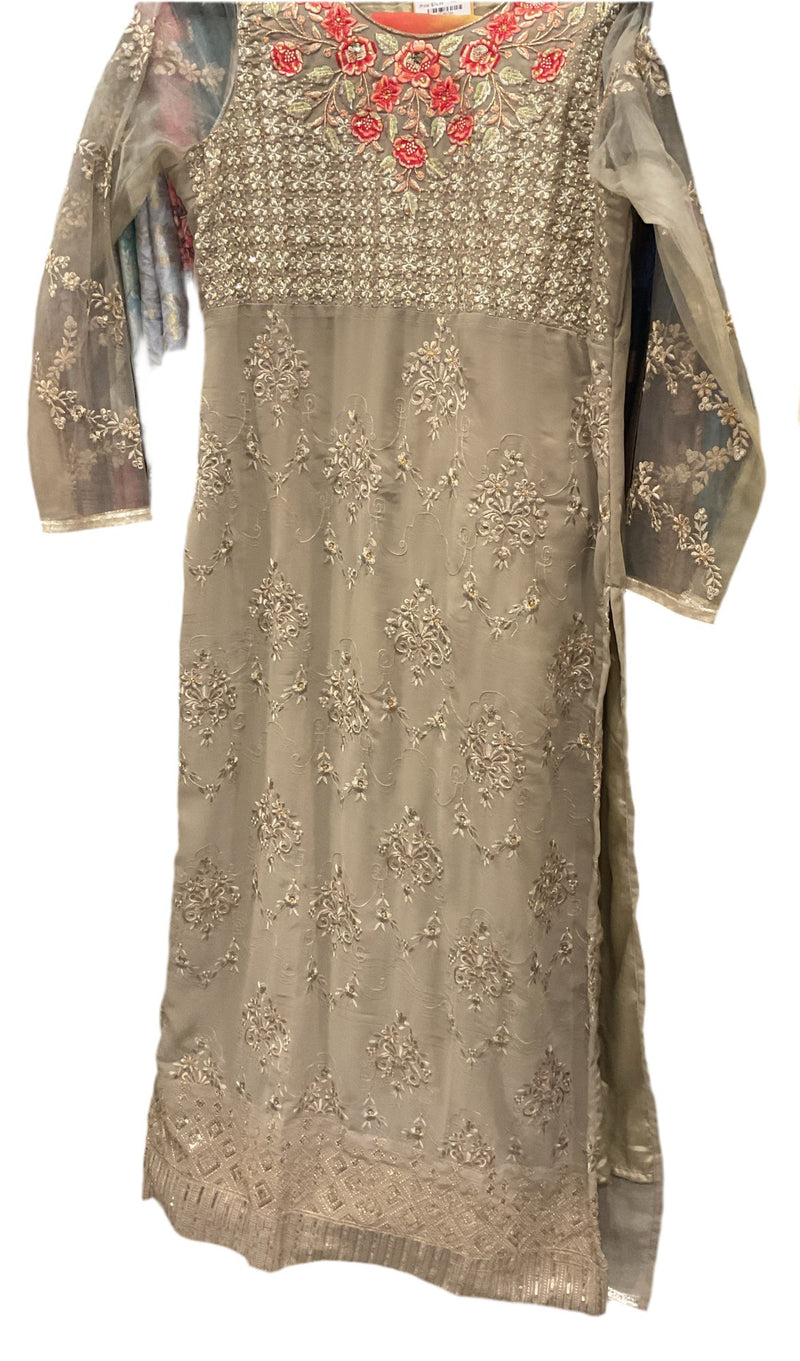 Taupe grey-beige kurta with silver-and-gold floral embellishment and red floral neckline embroidery