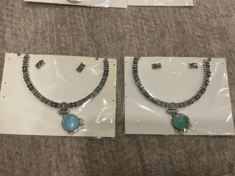 German Silver Oxidised Necklace Set – Multicolour Stone Chain, Sky …