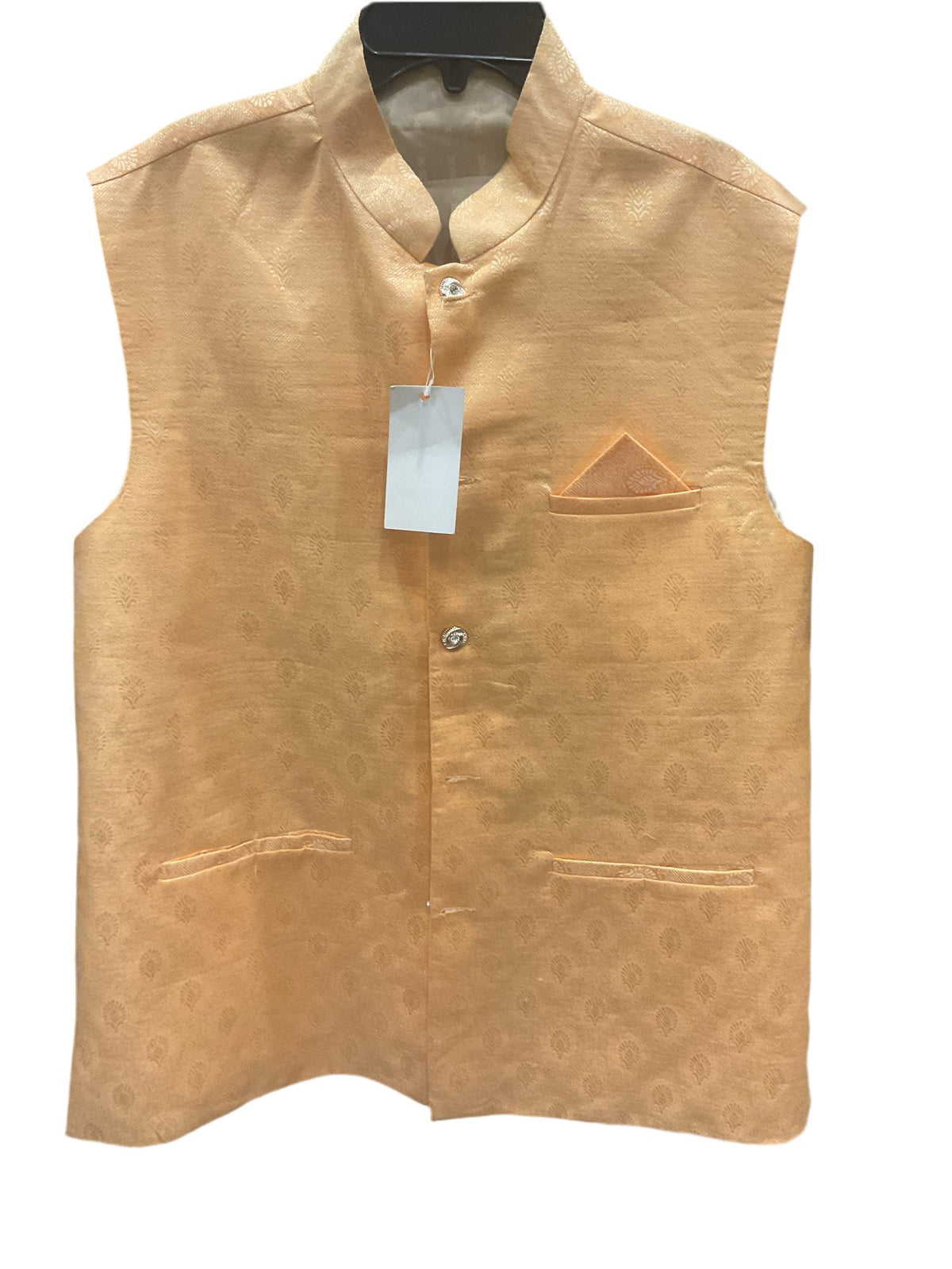 Peach Nehru jacket with tonal leaf print, stand collar, front buttons and welt pockets