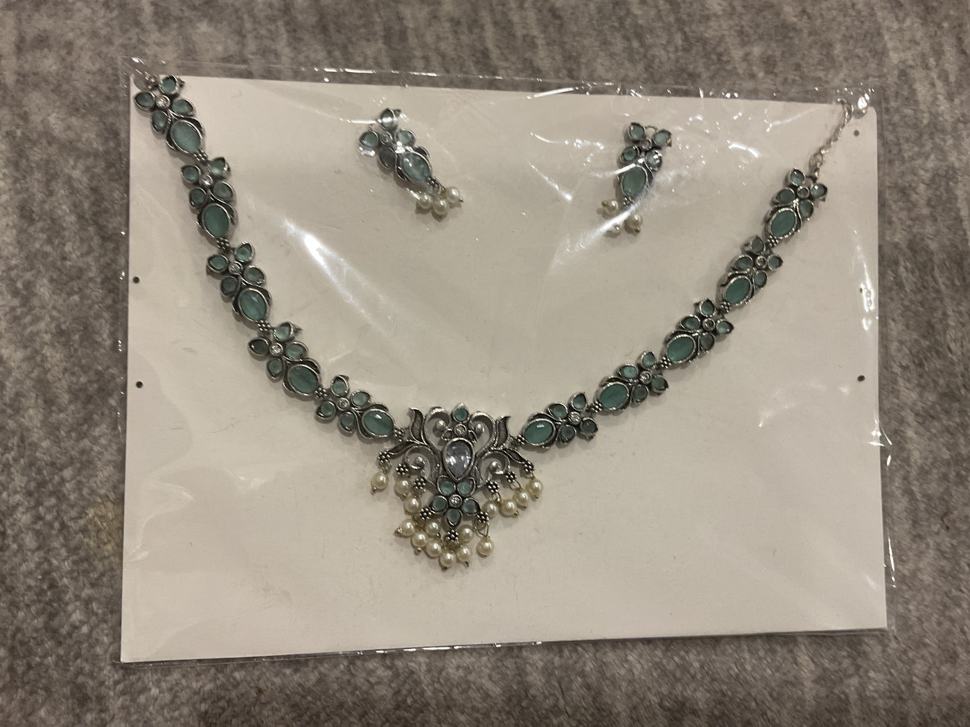 German Silver Oxidised Necklace – Turquoise Stones & Pearl Drops wi…