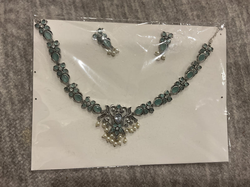 German Silver Oxidised Necklace – Turquoise Stones & Pearl Drops wi…