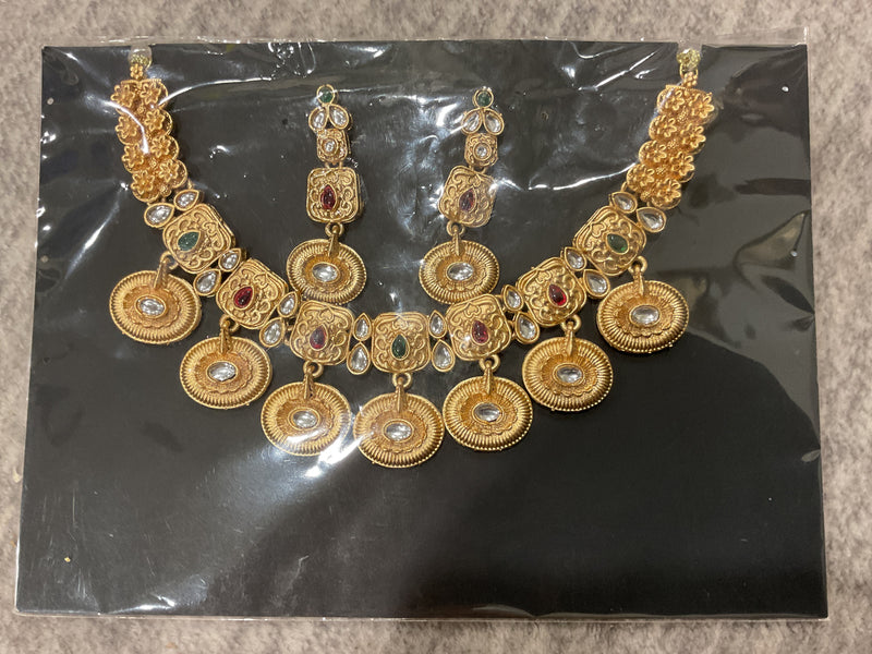 Gold-Plated Kundan Necklace – Embossed Panels & Coin Drops with Mat…