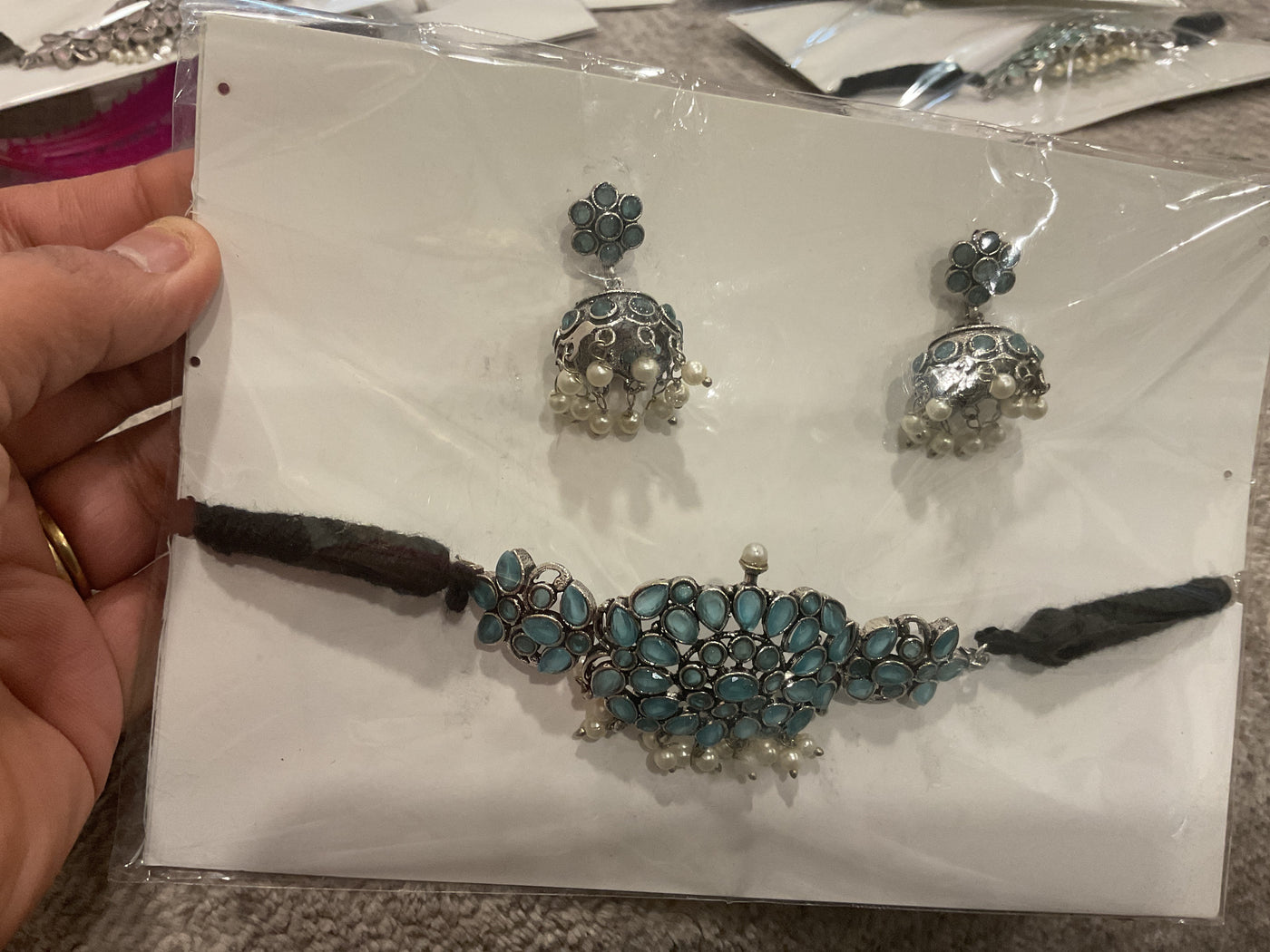 German Silver Choker Set – Turquoise Stones & Pearl Drops with Jhum…