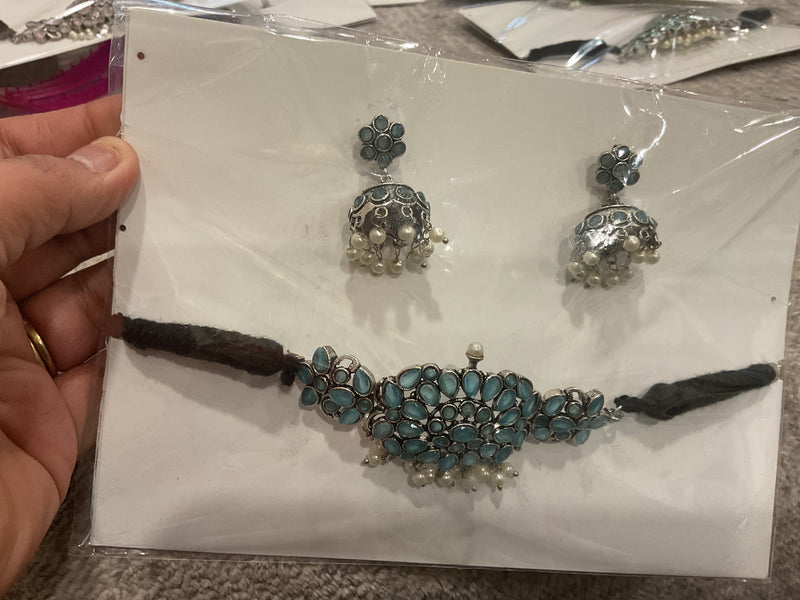 German Silver Choker Set – Turquoise Stones & Pearl Drops with Jhum…