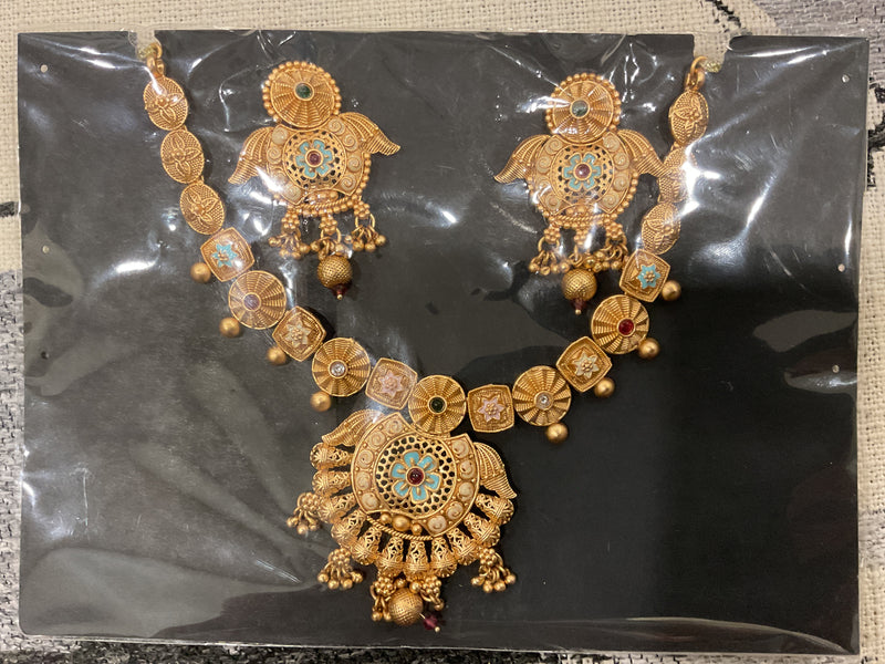 Gold-Plated Meenakari Necklace Set – Filigree Disc Pendant with Mat…