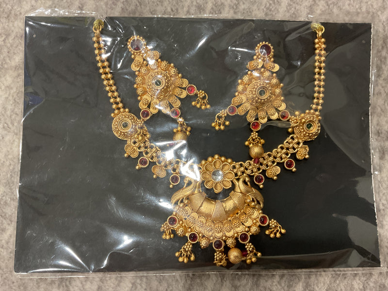 Gold-Plated Long Necklace – Peacock Pendant, Beaded Chain & Earrings