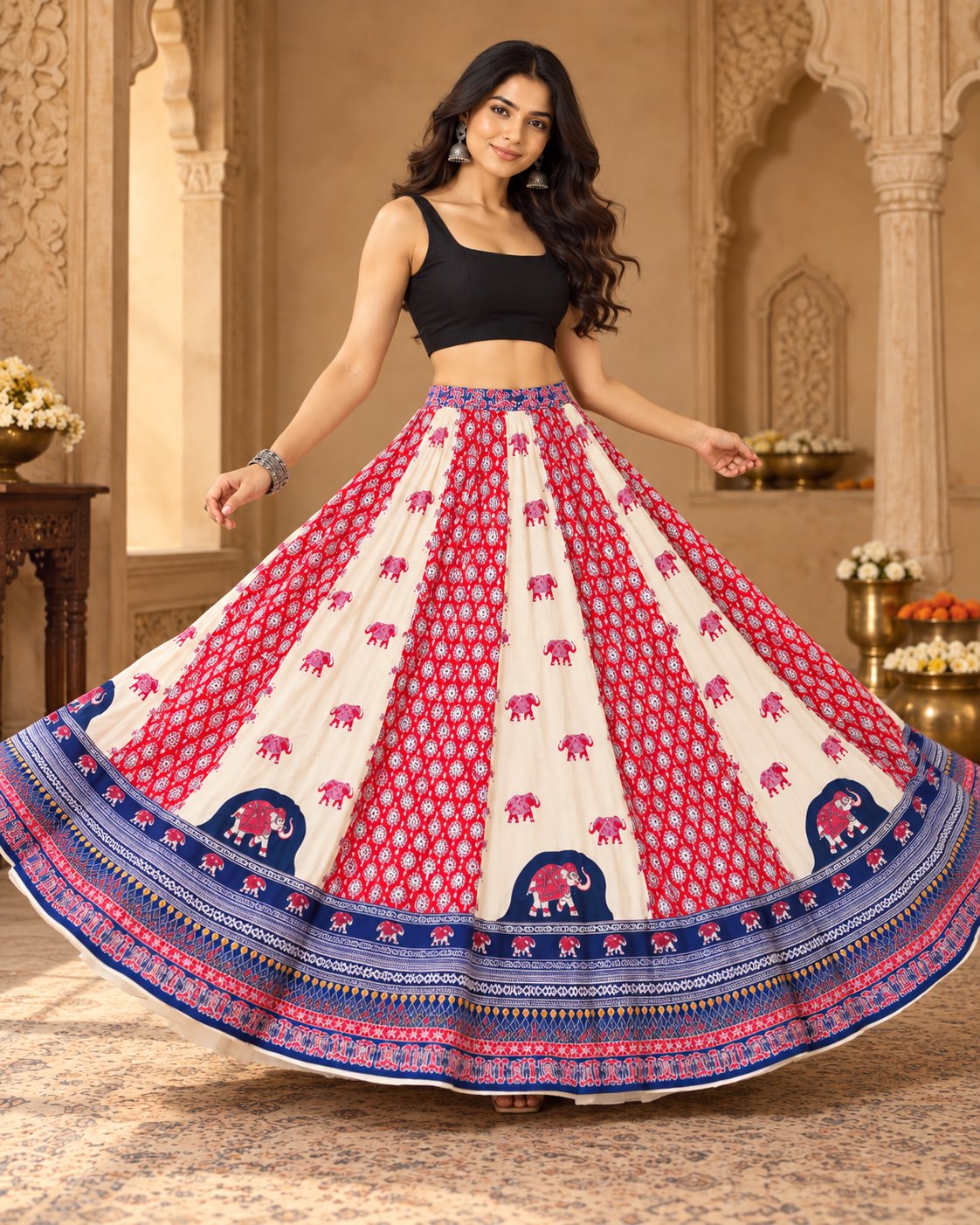 Red and cream chaniya choli skirt, block print panels with navy border