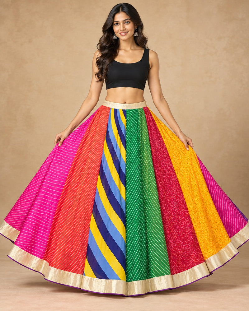Multicolor leheriya chiffon chaniya choli skirt with cream border