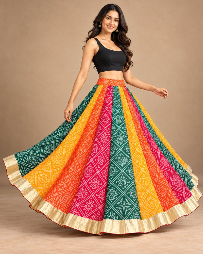 Green and orange chiffon chaniya choli skirt, Bandhani print stripes