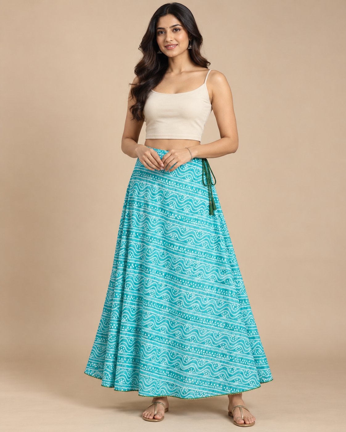 Turquoise colorway Chaniya skirt with bandhani wave print