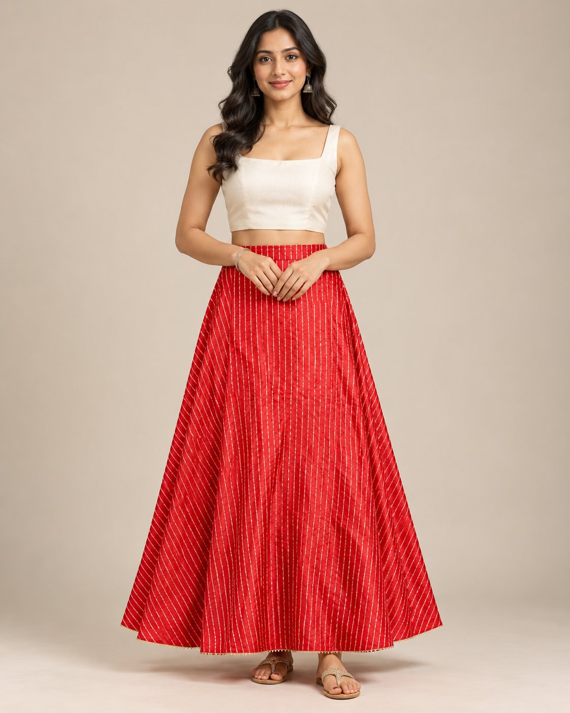 Red colorway Chaniya skirt with diagonal leheriya stripe and gold hem trim
