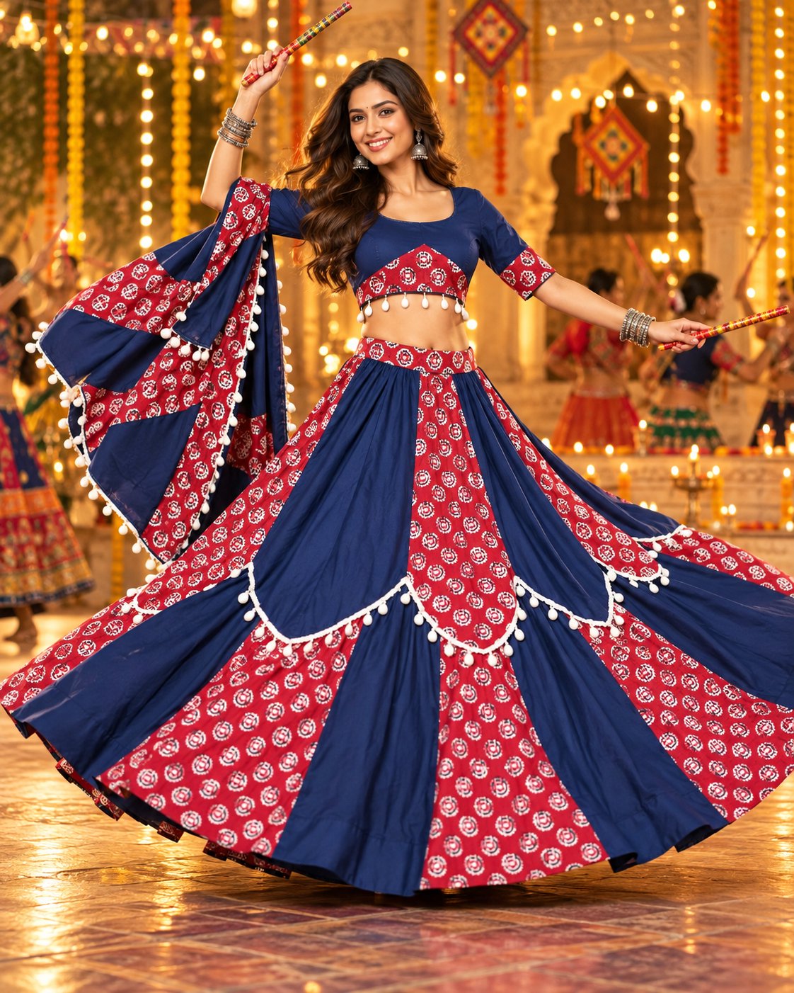 Navy blue and red chaniya choli set with dupatta, block print with pompom trim