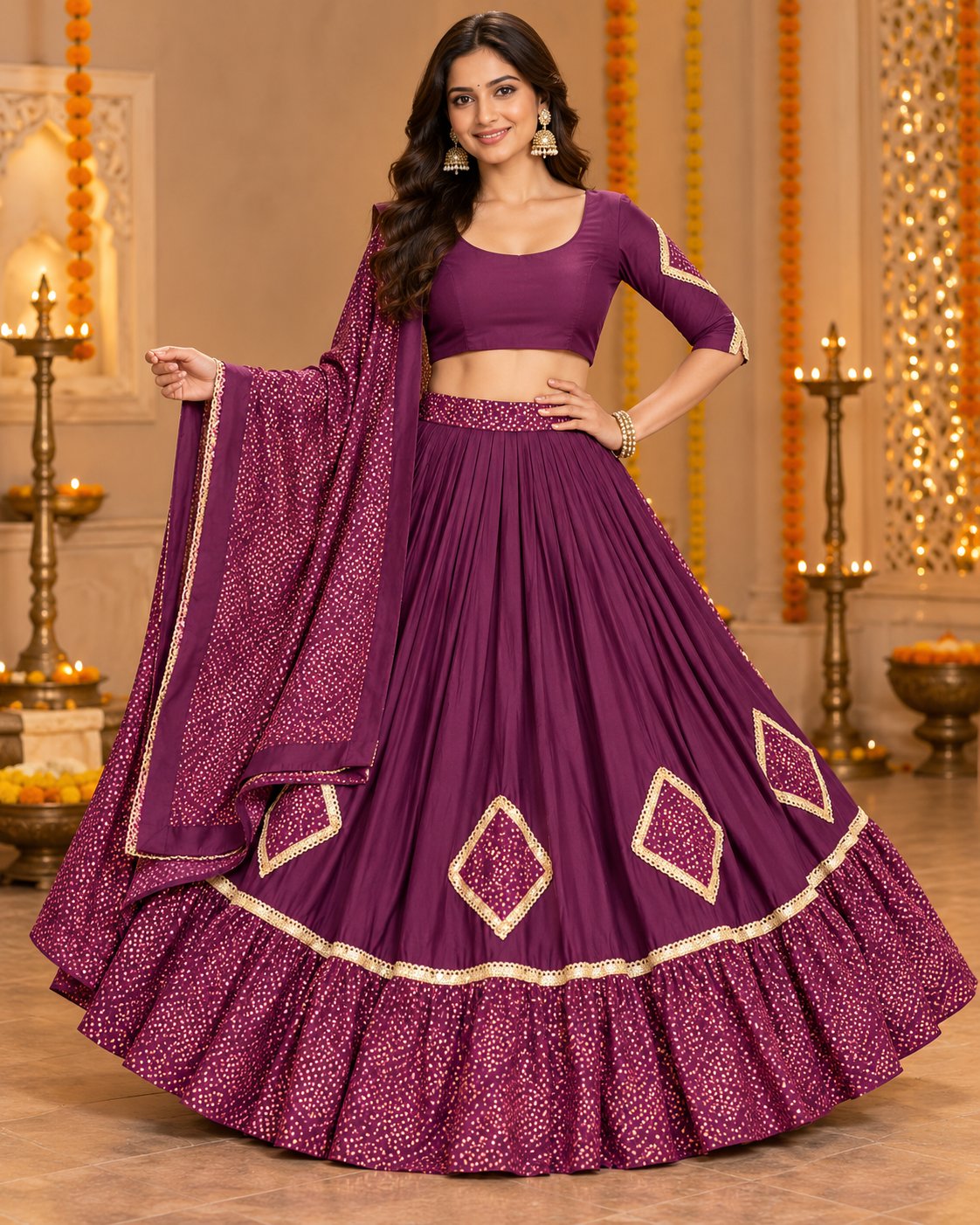 Wine/burgundy colorway outfit with gold diamond appliqué patches and sequin/bandhani-dot print on dupatta