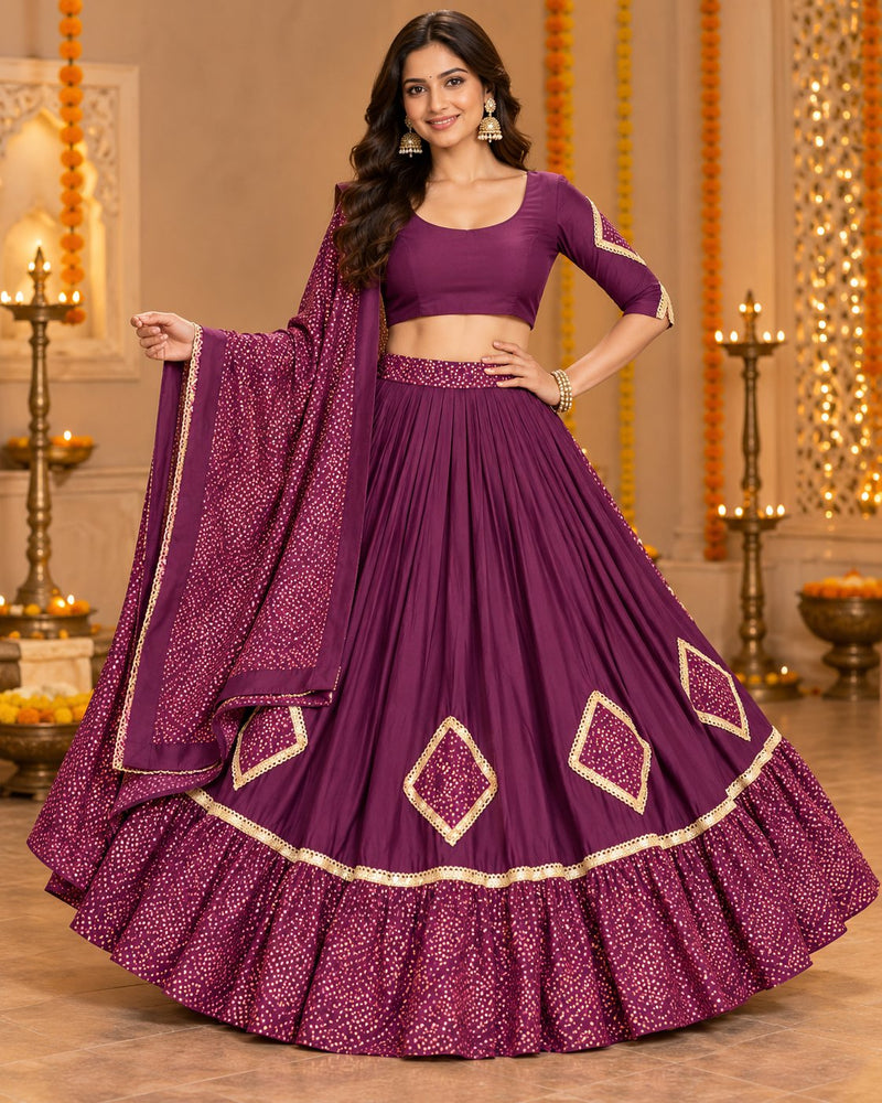 Wine chaniya choli set with dupatta, sequin print with gold diamond appliqué