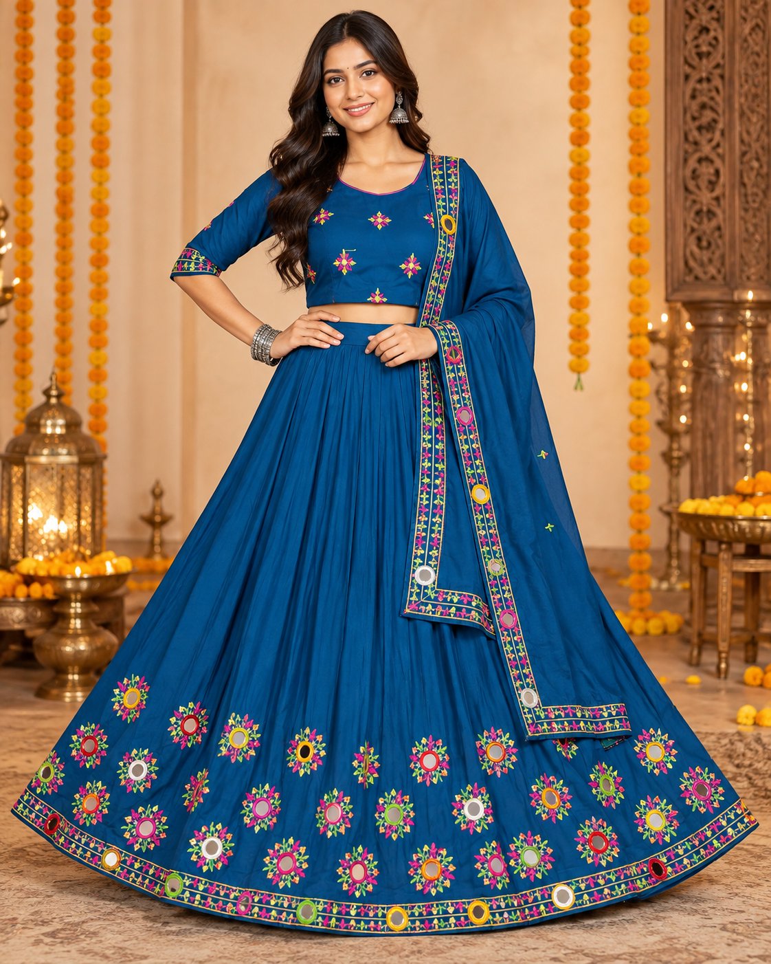 Teal chaniya choli set with dupatta, floral mirror-work embroidery