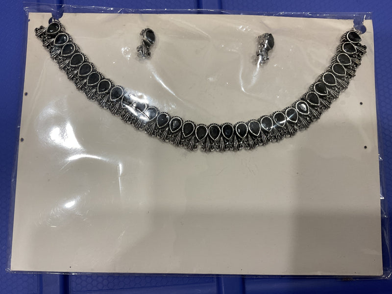 German Silver Teardrop Choker – Dark Blue Stones with Matching Earr…