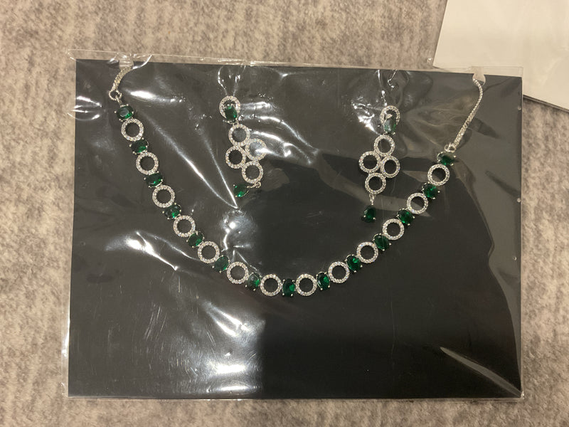 American Diamond Disc Link Necklace Set – Green Stone Accents with Matching Earrings