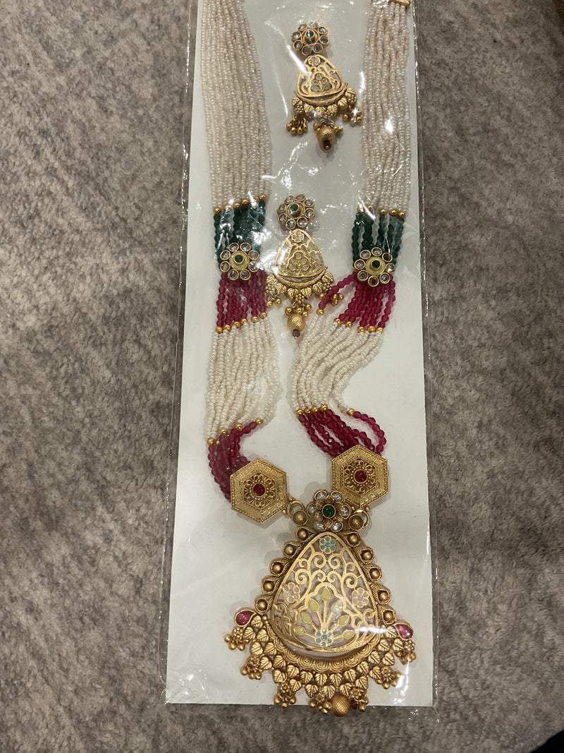 Gold-Plated Long Necklace Set – Pearl & Beaded Multi-Strand with Ea…