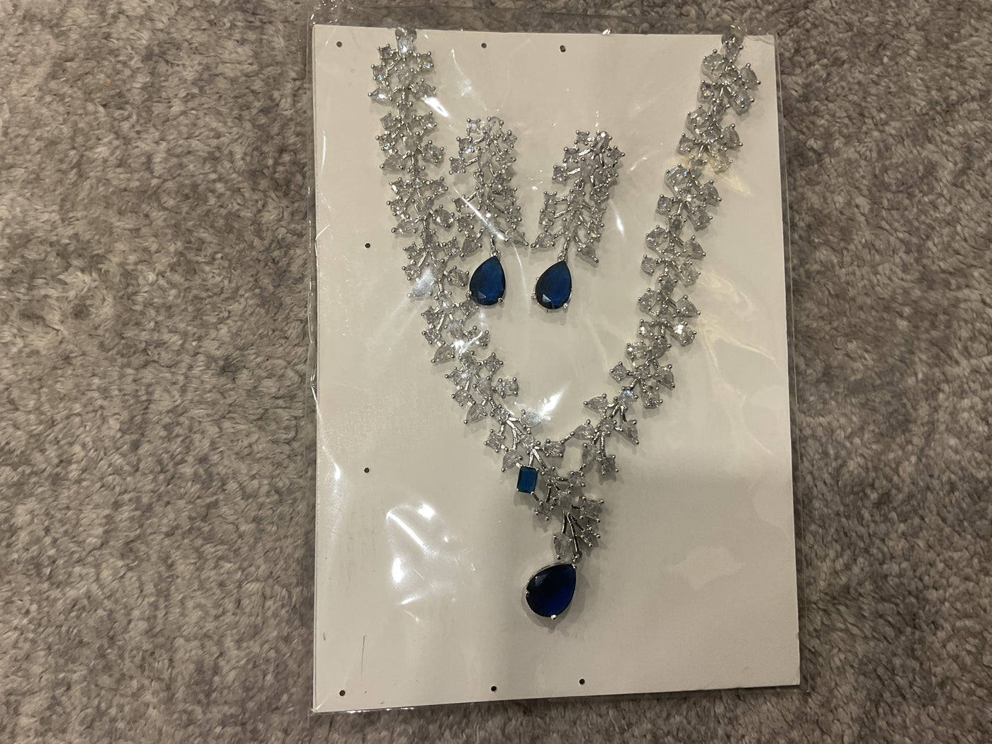 American Diamond Y-Drop Necklace Set – Navy Blue Teardrop Drops with Matching Earrings