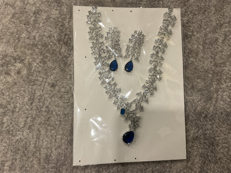 American Diamond Y-Drop Necklace Set – Navy Blue Teardrop Drops with Matching Earrings