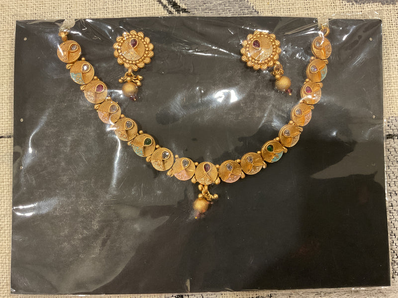 Gold-Plated Choker Necklace Set – Spiral Disc Chain with Multicolou…