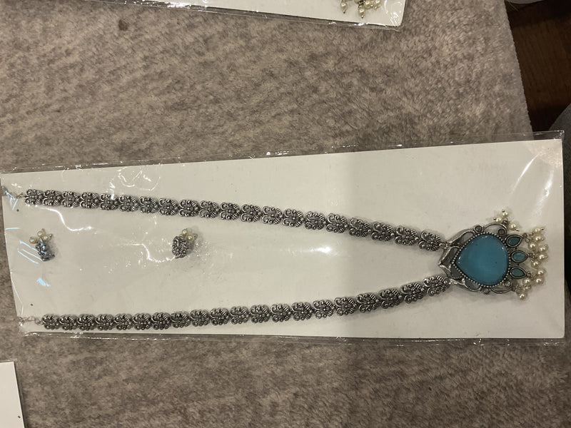 German Silver Floral Link Necklace – Turquoise Stone & Pearl Drops …